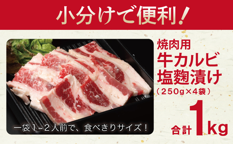 牛カルビ 焼肉用 塩麹漬け 合計1kg【味付け 小分け 焼くだけ 簡単調理 BBQ 牛肉 250g×4袋】 010B1596