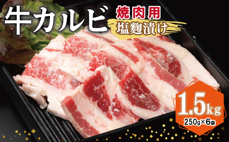 牛カルビ 焼肉用 塩麹漬け 合計1.5kg【味付け 小分け 焼くだけ 簡単調理 BBQ 牛肉 250g×6袋】 015B369