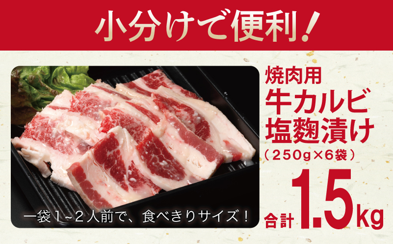 牛カルビ 焼肉用 塩麹漬け 合計1.5kg【味付け 小分け 焼くだけ 簡単調理 BBQ 牛肉 250g×6袋】 015B369