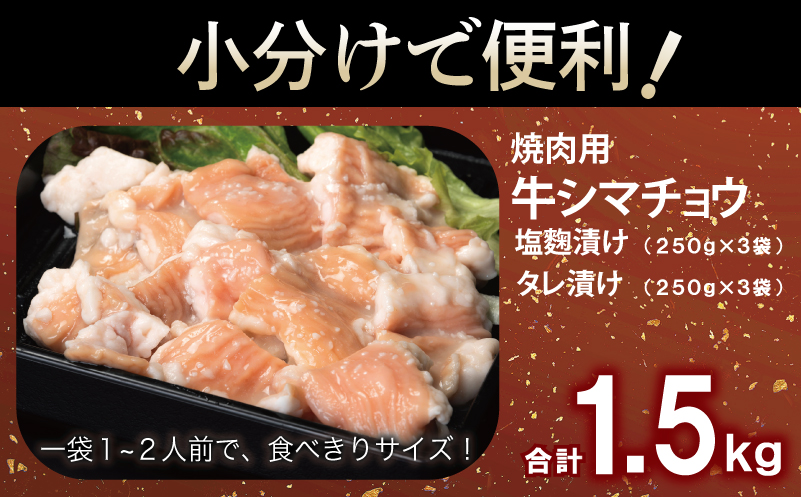 牛シマチョウ 焼肉用 塩麹・タレ漬けセット 合計1.5kg【味付け 小分け 焼くだけ 簡単調理 BBQ 牛肉 ホルモン 250g×6袋】 099H3379