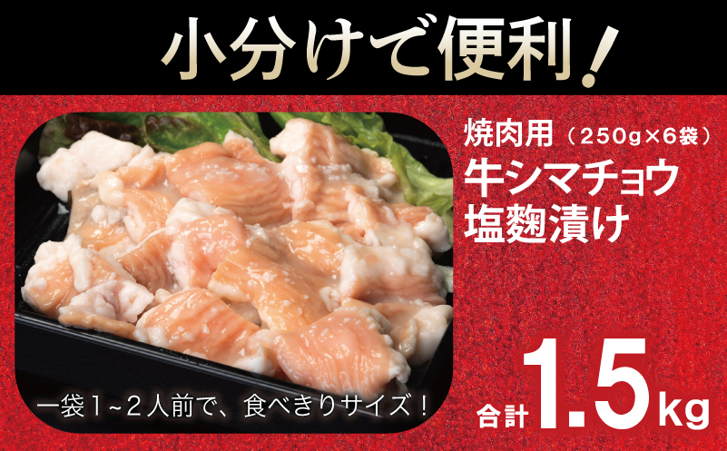 牛シマチョウ 焼肉用 塩麹漬け 合計1.5kg【味付け 小分け 焼くだけ 簡単調理 BBQ 牛肉 ホルモン 250g×6袋】 099H3380