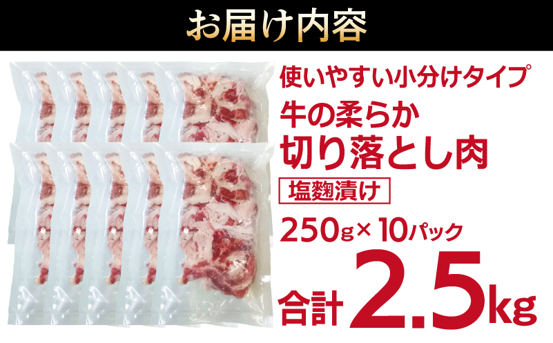 牛肉 切り落とし 塩麹漬け 合計2.5kg【味付け 小分け 焼くだけ 簡単調理 BBQ 牛肉 250g×10袋 普段使い】