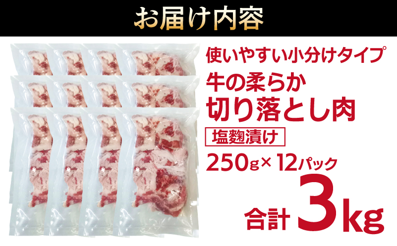 牛肉 切り落とし 塩麹漬け 合計3kg【味付け 小分け 焼くだけ 簡単調理 BBQ 牛肉 250g×12袋 普段使い】