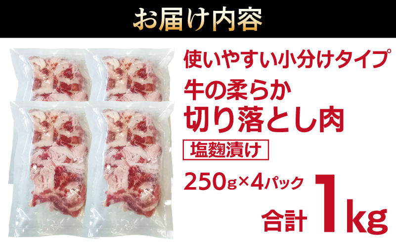 牛肉 切り落とし 塩麹漬け 合計1kg【味付け 小分け 焼くだけ 簡単調理 BBQ 牛肉 250g×4袋】 099H3389