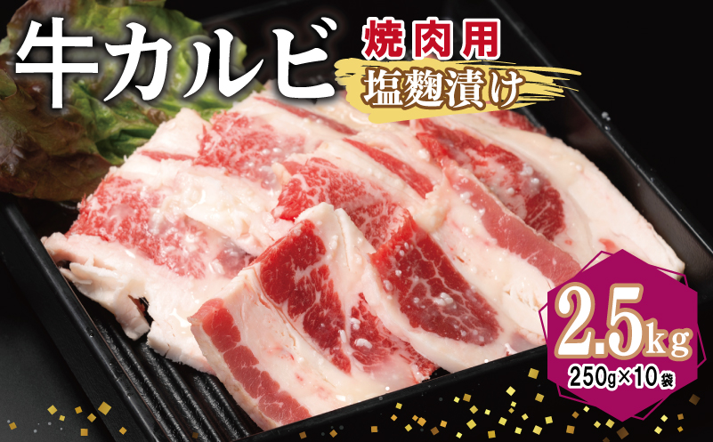 牛カルビ 焼肉用 塩麹漬け 合計2.5kg【味付け 小分け 焼くだけ 簡単調理 BBQ 牛肉 250g×10袋】 099H3394