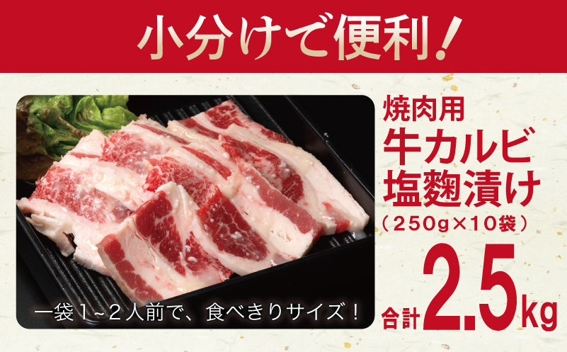 牛カルビ 焼肉用 塩麹漬け 合計2.5kg【味付け 小分け 焼くだけ 簡単調理 BBQ 牛肉 250g×10袋】 099H3394