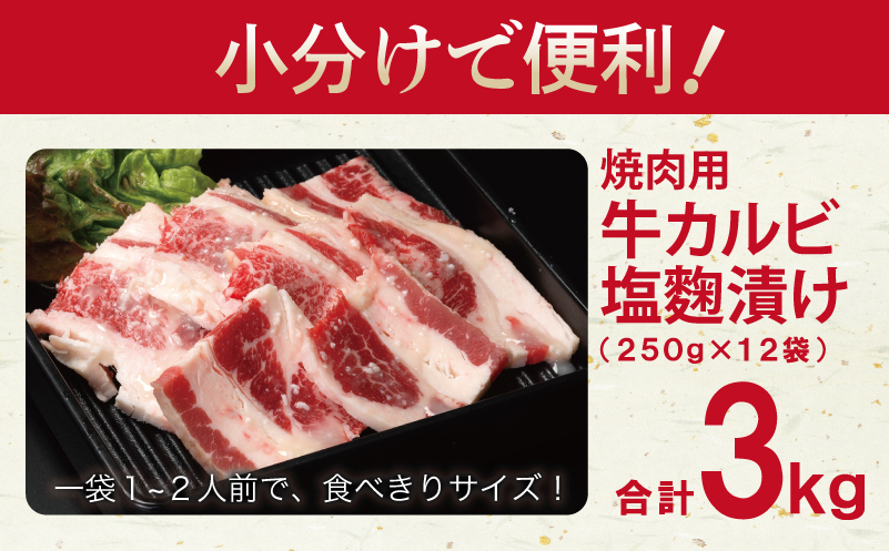 牛カルビ 焼肉用 塩麹漬け 合計3kg【味付け 小分け 焼くだけ 簡単調理 BBQ 牛肉 250g×12袋】 099H3395