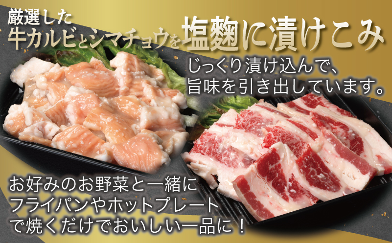 牛カルビ＆シマチョウ 塩麹漬け 焼肉セット 合計3kg【味付け 小分け 焼くだけ 簡単調理 BBQ 250g×12袋 牛肉 ホルモン】 099H3397