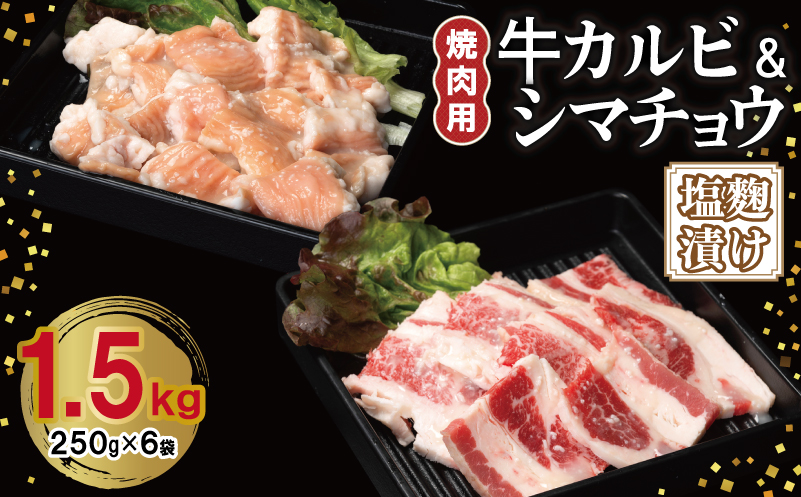 牛カルビ＆シマチョウ 塩麹漬け 焼肉セット 合計1.5kg【味付け 小分け 焼くだけ 簡単調理 BBQ 250g×6袋 牛肉 ホルモン】 099H3398