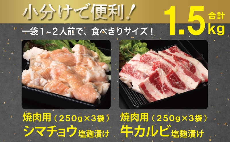 牛カルビ＆シマチョウ 塩麹漬け 焼肉セット 合計1.5kg【味付け 小分け 焼くだけ 簡単調理 BBQ 250g×6袋 牛肉 ホルモン】 099H3398