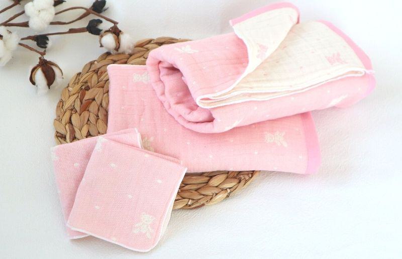 【babybear】多重ガーゼ miniバスタオルタオル＆ハンカチ 4枚セット（ピンク）