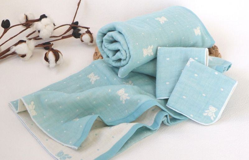 【babybear】多重ガーゼ  miniバスタオルタオル＆ハンカチ 4枚セット（ブルー）