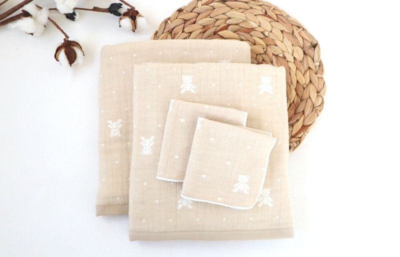 【babybear】多重ガーゼ  miniバスタオルタオル＆ハンカチ 4枚セット（ベージュ）