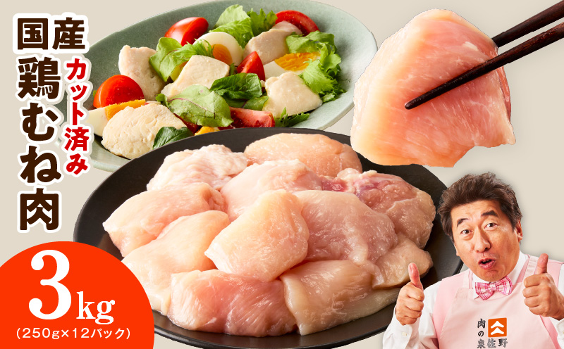 【カット済み】国産 鶏むね肉 3kg【スピード発送 氷温熟成×極味付け 小分け 250g×12P 鶏肉 とり 簡単調理 唐揚げ 親子丼 冷凍 大阪 泉佐野 大阪府 泉佐野市】