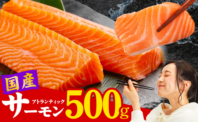 国産アトランティックサーモン 500g ポーション【小分け 真空パック 訳あり サイズ不揃い 刺身 海鮮丼 さーもん 鮭 さけ シャケ しゃけ 冷凍】
