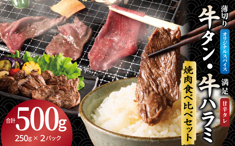 牛タン焼肉 オリジナルスパイス＆牛ハラミ甘辛 食べ比べ焼肉セット 合計500g（250g×2P）