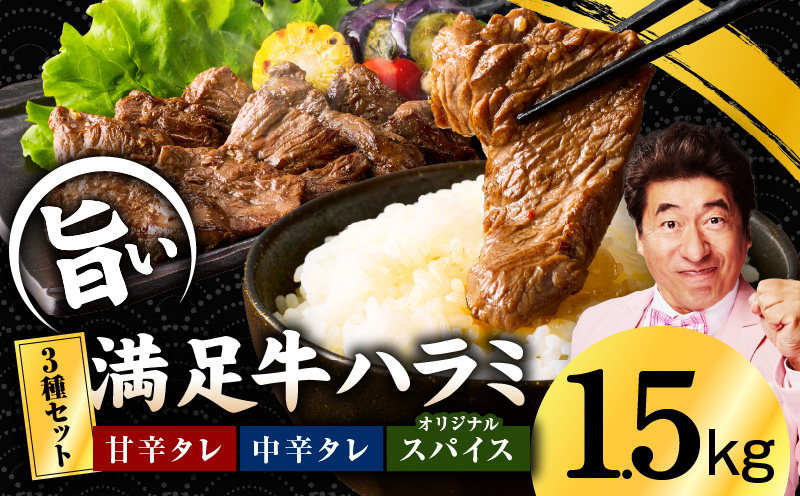 【満足牛ハラミ】3種セット （甘辛タレ漬け・中辛タレ漬け・オリジナルスパイス仕込み） 合計1.5kg 【味付け ハラミ 小分け 焼くだけ 簡単調理 BBQ 牛肉 250g×6P】