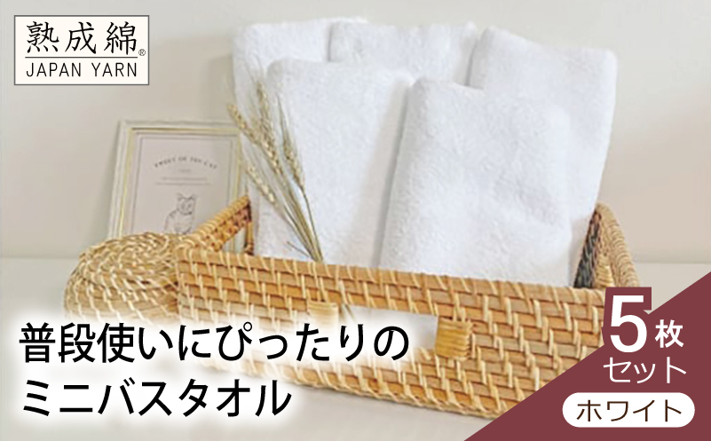 泉州タオル「普段使いにぴったりのミニバスタオル」５枚セット（ホワイト）【泉州タオル 国産 吸水 普段使い 無地 シンプル 日用品 家族 ファミリー】