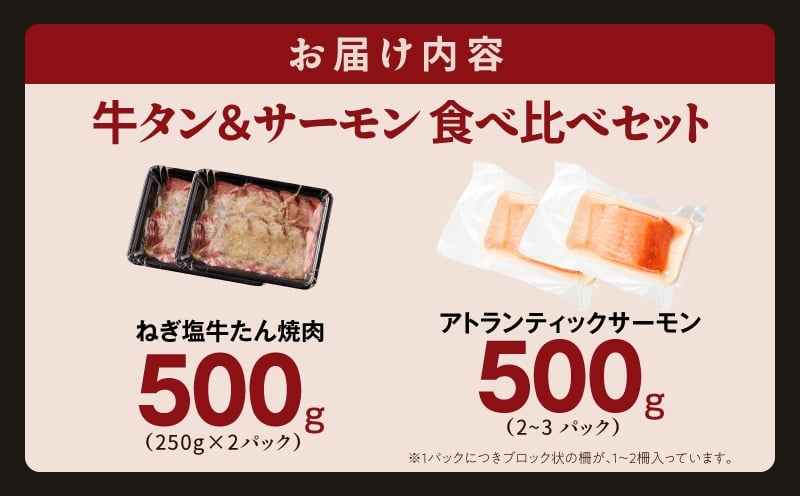 牛タン＆サーモン 食べ比べ セット 総量1kg【牛肉 焼肉 牛たん 海鮮 サーモン お楽しみ 福袋 別送】