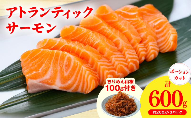 アトランティックサーモン 600g+おまけちりめん山椒150g【小分け 200g×3P 柵切 ちりめん 刺身 魚介 海鮮 さーもん 生食 お試し】