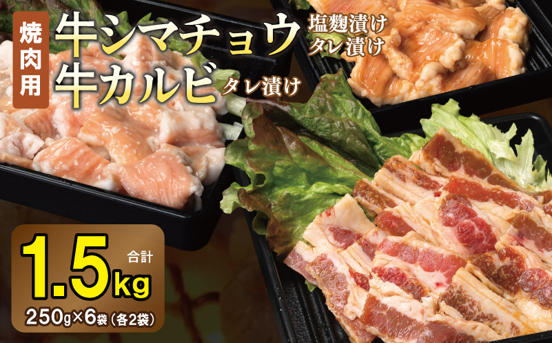 牛シマチョウ（タレ漬け+塩麹）＆タレ漬け牛カルビの焼肉セット  合計1.5Kg（1袋250ｇ×各2袋） 【味付け 小分け 焼くだけ 簡単調理 BBQ 牛肉 ホルモン 250g×6袋 普段使い】