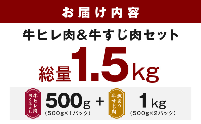 【氷温熟成×特製ダレ】牛ヒレ 500g＋牛すじ肉 1kg 総量1.5kg【味付き 訳あり サイズ不揃い 小分け 冷凍 SDGs フードロス カレー 煮込みに】