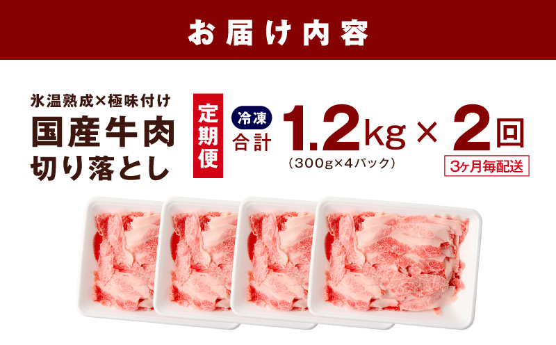 【定期便】国産牛 切り落とし 1.2kg×全2回【氷温熟成×極味付け 小分け 300g×4P 国産 牛肉 訳あり サイズ不揃い カレー 牛丼 家計応援 2026年3月＆6月発送】