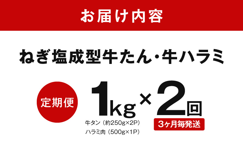 【定期便】牛タン＆牛ハラミ お試し 1kg 焼肉セット【成型牛たん ハラミ 味付き 牛肉 やきにく BBQ 薄切り スライス 訳あり サイズ不揃い 2026年3月＆6月発送 全2回】