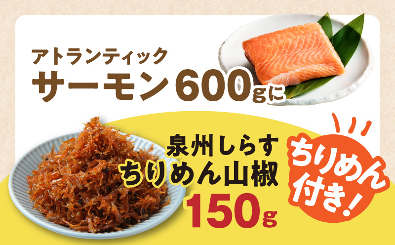 アトランティックサーモン 600g+ちりめん山椒150g【小分け ポーション 柵切 ちりめん 刺身 魚介 海鮮 さーもん 生食 お試し 大阪 泉佐野 大阪府 泉佐野市】