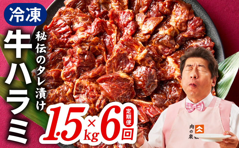 【定期便】牛ハラミ肉 1.5kg×全6回【小分け 300g×5P 秘伝の赤タレ 味付き 焼肉 訳あり サイズ不揃い 毎月配送コース】