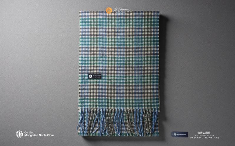 『Noble Fibre』100％カシミヤ・マフラー グリーン＆チェック フリンジ付き【高級 カシミア おしゃれ ファッション 防寒 かしみあ】