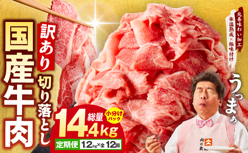 【定期便】国産 牛肉 切り落とし 定期便 1.2kg×全12回 総量 14.4kg【国産 牛肉 氷温熟成×極味付け 訳あり サイズ不揃い カレー 牛丼 野菜炒め 肉じゃが 家計応援 毎月配送コース】
