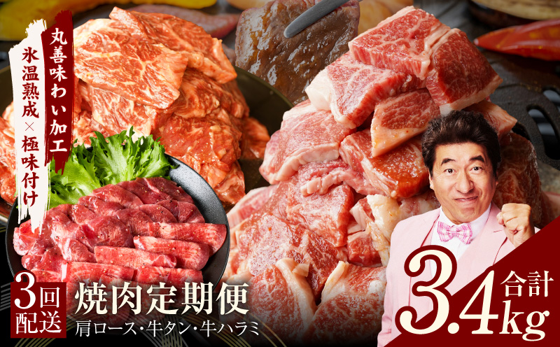 焼肉定期便 総量3.4kg（肩ロース／牛タン／牛ハラミ）全3回 丸善味わい加工【毎月発送コース】