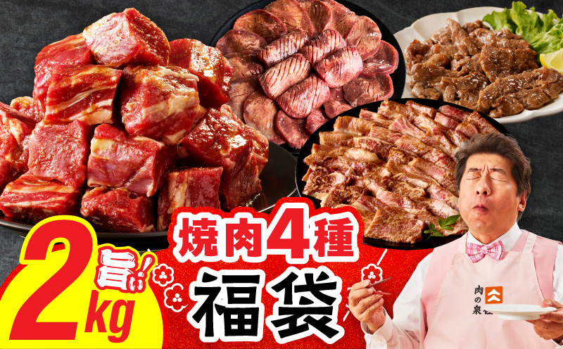 焼肉 福袋 4種 2kg【氷温熟成×特製ダレ 500g 小分け 牛肉 牛タン ヒレ ハラミ バラ 数量限定】
