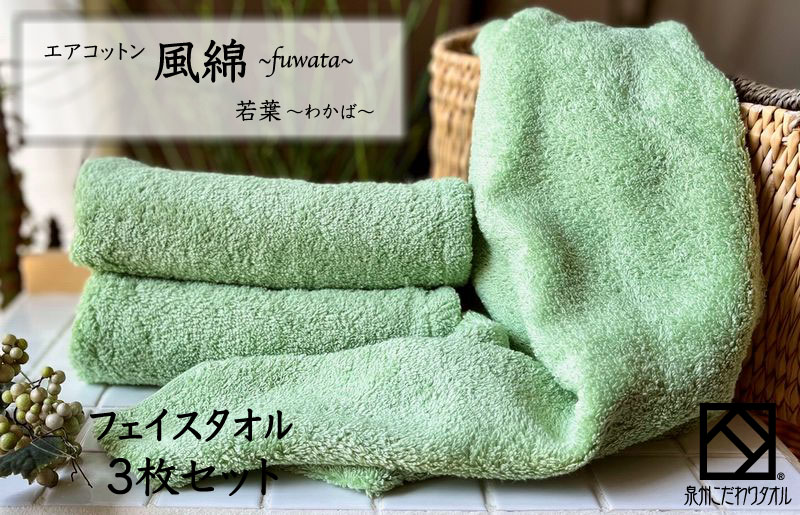 エアコットン風綿フェイスタオル 3枚(若葉) 【泉州タオル 国産 吸水 普段使い 無地 シンプル 日用品 家族 ファミリー】