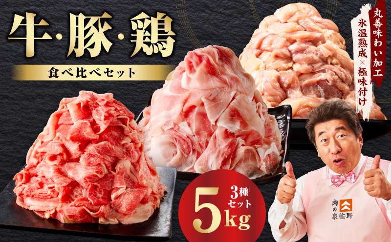 国産 牛肉＆豚肉＆鶏肉セット 5kg【氷温熟成×極味付け 3種 食べ比べ 普段使い 味付き 小分け 訳あり サイズ不揃い 】