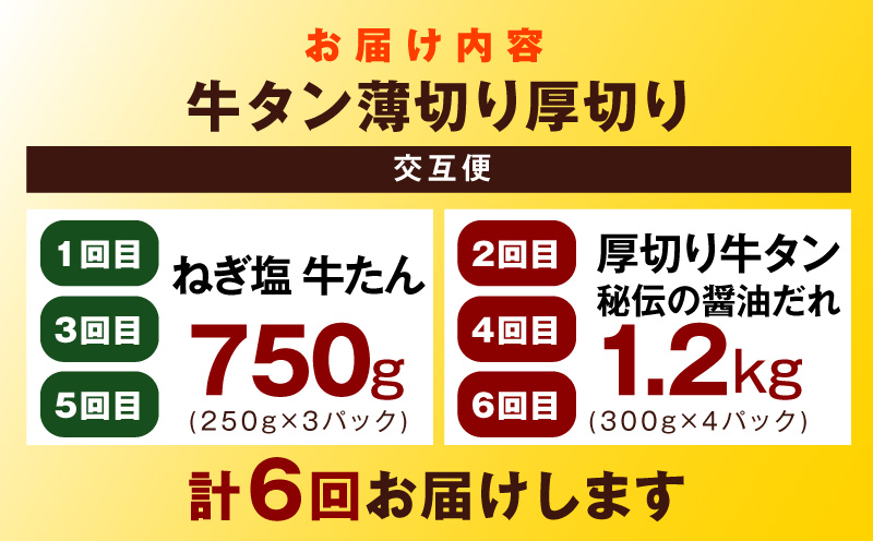 【定期便】牛タン薄切り厚切り交互便 全6回【牛タン 牛肉 焼肉用 薄切り 厚切り 焼肉 BBQ 訳あり サイズ不揃い 毎月配送コース】