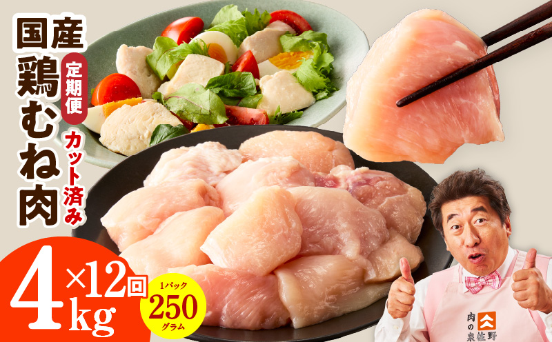 【カット済み】国産 鶏むね肉 定期便 4kg  全12回【氷温熟成×極味付け 小分け 250g×16P 鶏肉 とり 簡単調理 唐揚げ 親子丼 冷凍 大阪 泉佐野 大阪府 泉佐野市】