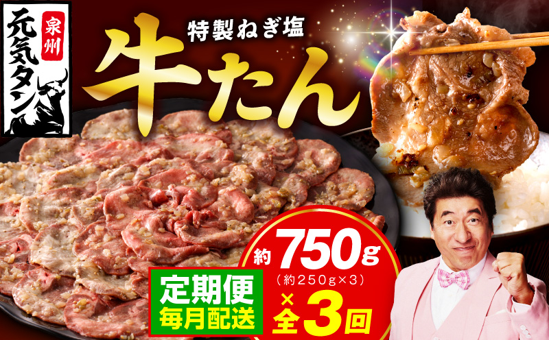【定期便】ねぎ塩 牛たん 750g 全3回 【毎月配送コース 牛タン 牛肉 焼肉用 薄切り 訳あり サイズ不揃い】