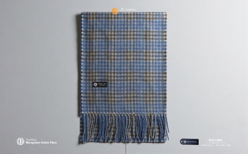 『Noble Fibre』100％カシミヤ・マフラー ブルー＆チェック フリンジ付き【高級 カシミア おしゃれ ファッション 防寒 かしみあ】