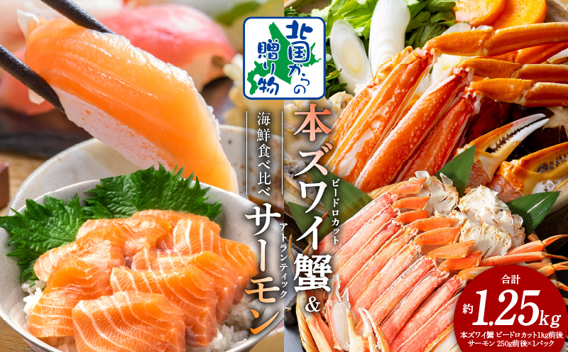 本ズワイ蟹 ビードロカット 1kg 蟹酢付 昆布塩加工 ＆ アトランティックサーモン 250g【北国からの贈り物 海鮮 食べ比べ セット 海鮮丼 お楽しみ 冷凍】