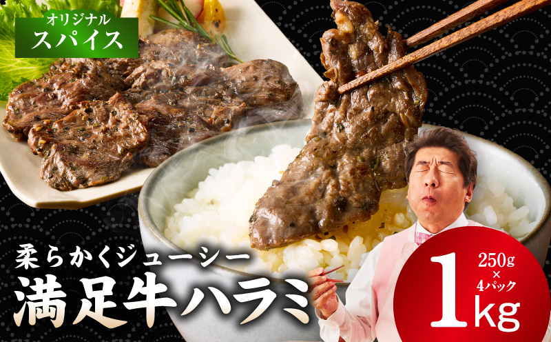 【満足牛ハラミ】オリジナルスパイス仕込み 合計1kg 【味付け ハラミ 小分け 焼くだけ 簡単調理 BBQ 牛肉 250g×4P】