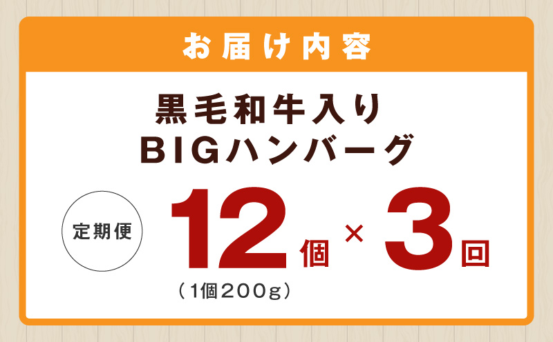 【定期便】黒毛和牛入り BIGハンバーグ（200g×12個）全3回 【毎月配送コース】