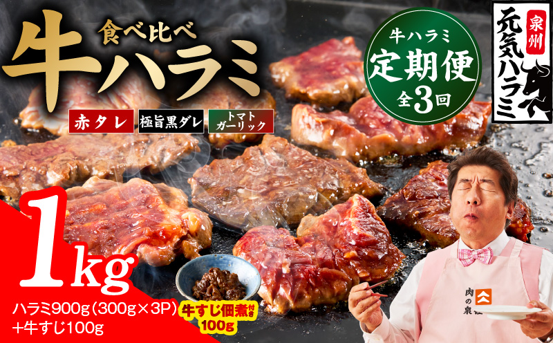 【食べ比べ定期便】牛ハラミ 1kg×全3回【牛肉 はらみ 小分け 焼肉 お弁当 BBQ 訳あり ワケアリ わけあり サイズ不揃い 規格外 TVで話題 大阪 泉佐野 大阪府 泉佐野市】