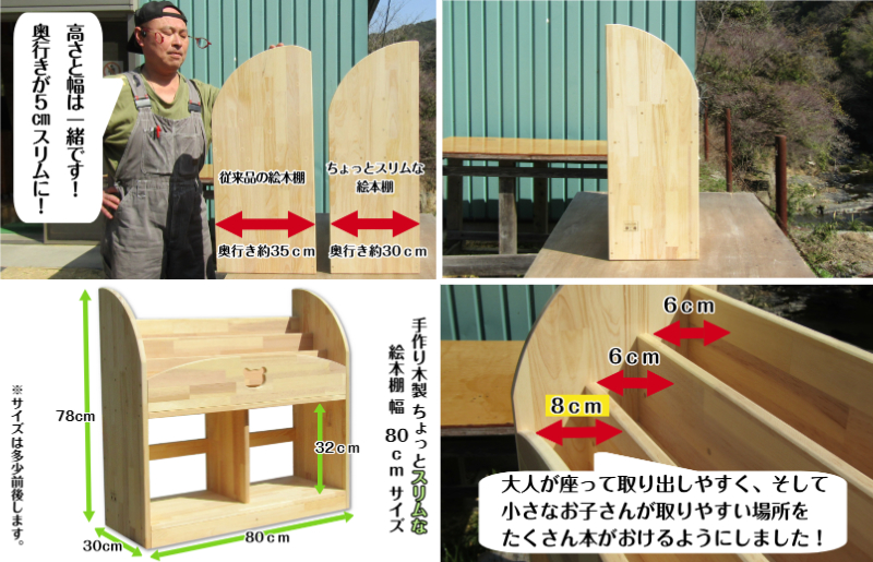 手作り木製 ちょっとスリムな絵本棚 幅80cm