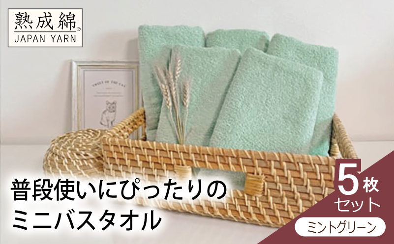 泉州タオル「普段使いにぴったりのミニバスタオル」５枚セット（ミントグリーン）【泉州タオル 国産 吸水 普段使い 無地 シンプル 日用品 家族 ファミリー】