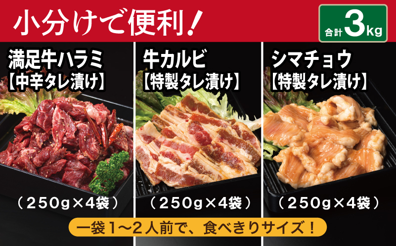 【タレ漬け3種の牛焼肉セット】 満足牛ハラミ・牛カルビ・シマチョウ 合計3kg【味付け ハラミ 小分け 焼くだけ 簡単調理 BBQ 牛肉 250g×各4P 普段使い】