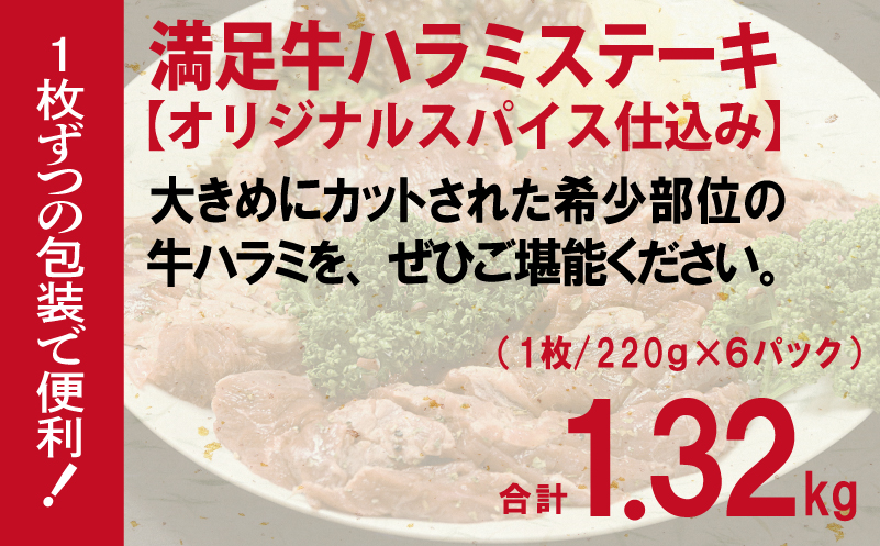 【満足牛ハラミステーキ】オリジナルスパイス仕込み 1枚220g×6P 合計1.32kg 【味付け ハラミ 小分け 焼くだけ 簡単調理 BBQ 牛肉 普段使い】