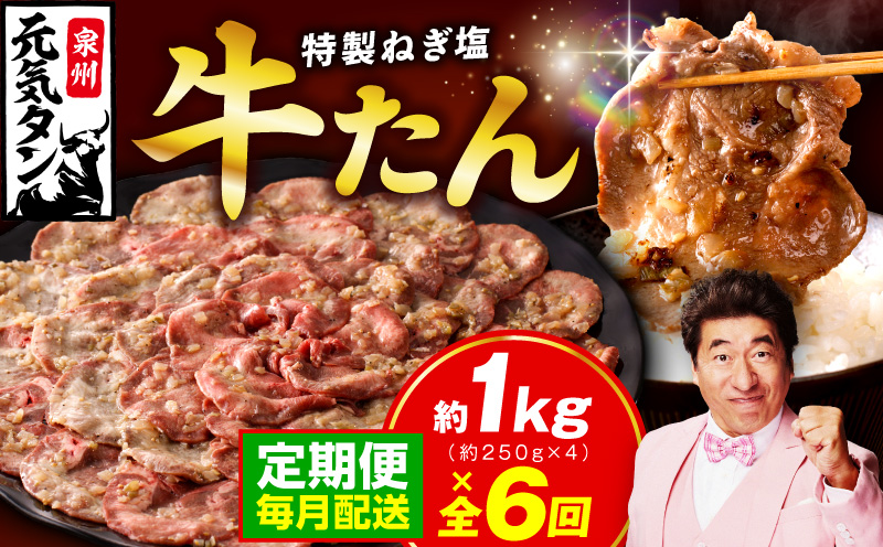 【定期便】 特製 牛たん 1kg 全6回【毎月配送コース 小分け 250g×4P ねぎ塩 牛タン 牛肉 焼肉用 薄切り 訳あり サイズ不揃い】