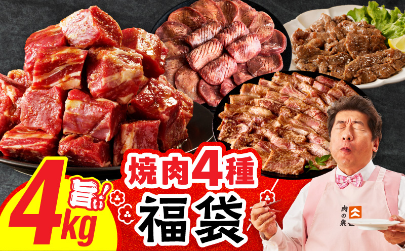 焼肉 福袋 4種 4kg【氷温熟成×特製ダレ 500g 小分け 牛肉 牛タン ヒレ ハラミ バラ 数量限定】